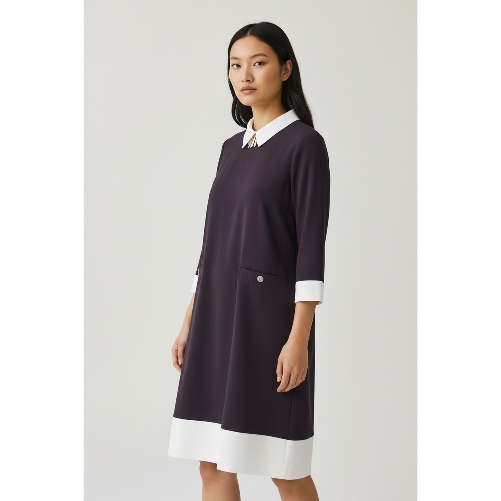 Tommy Hilfiger Maxi‎ Dress Collared Gold Button + Necklace Size 16 Purple White